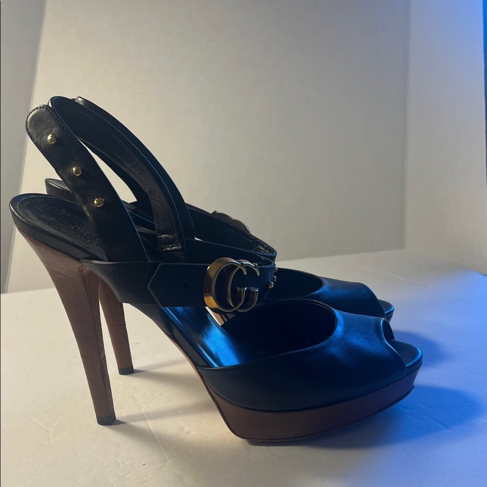 GUCCI GG Running Black Leather Platform Heels wood platform stacked heel sz 39.5 - Picture 10 of 16
